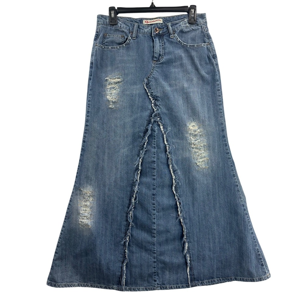 Karma Denim Maxi Skirt Blue Distressed Ripped Mermaid‎ Cut Size 9